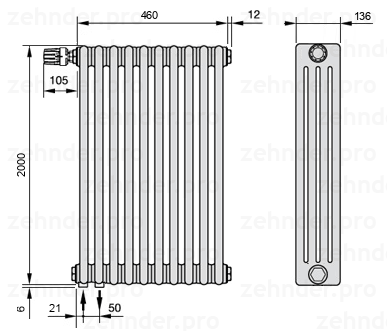 Схема (чертеж) Радиатор Zehnder Charleston 4200/10 №V001 Белый глянцевый RAL 9016
